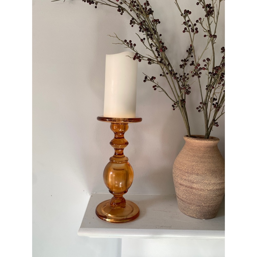 Z Gallerie Caprise Amber Glass Pillar Candle Holder Mid Century Modern Decor 9"